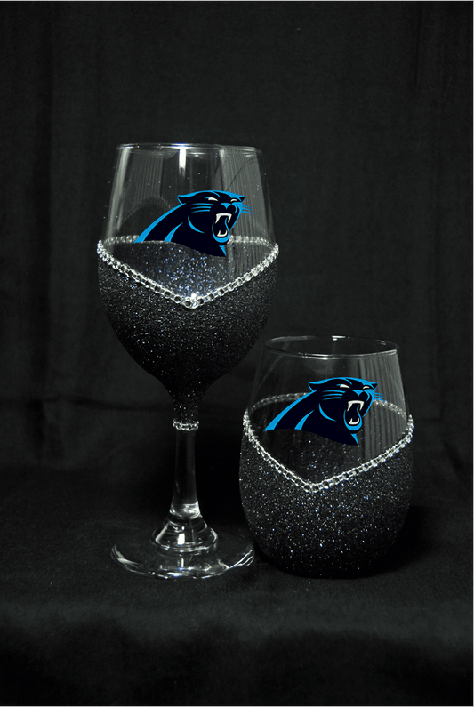 Carolina Panthers Bling Stem or Stemless Wine Glasses-Choose your color - Winey Bitches - Wine- Women- K9's