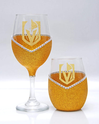 Classy Glassy LV Golden Knights "Bling" V Style Wine Glasses-Choose your color - Winey Bitches - Wine- Women- K9's
