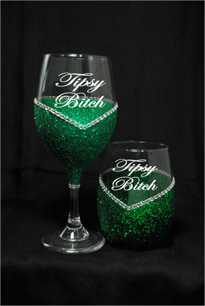 Funny "Tipsy Bitch" Saying- Bling Stem or Stemless Wine Glasses-Choose your color - Winey Bitches - Wine- Women- K9's