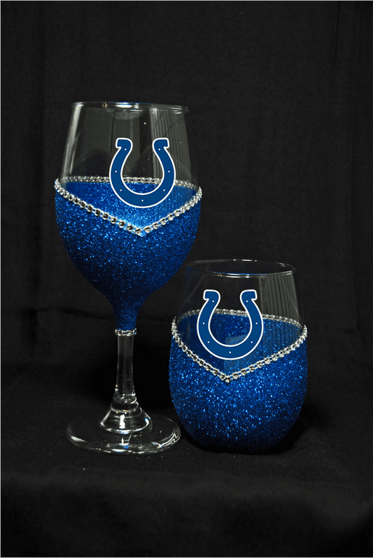 Indiana Colts Bling Stem or Stemless Wine Glasses-Choose your color - Winey Bitches - Wine- Women- K9's