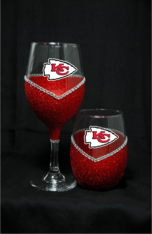 Kansas City Chiefs Bling Stem or Stemless Wine Glasses-Choose your color - Winey Bitches - Wine- Women- K9's