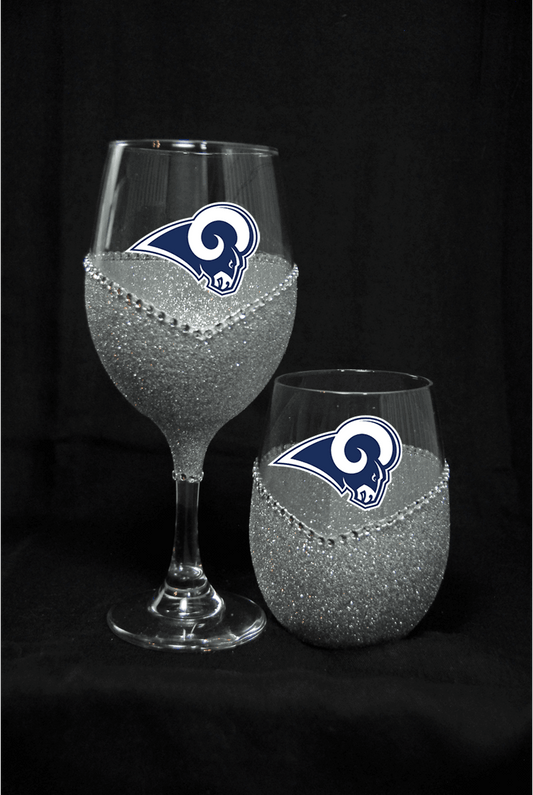 Los Angles Rams Bling Stem or Stemless Wine Glasses-Choose your color - Winey Bitches - Wine- Women- K9's