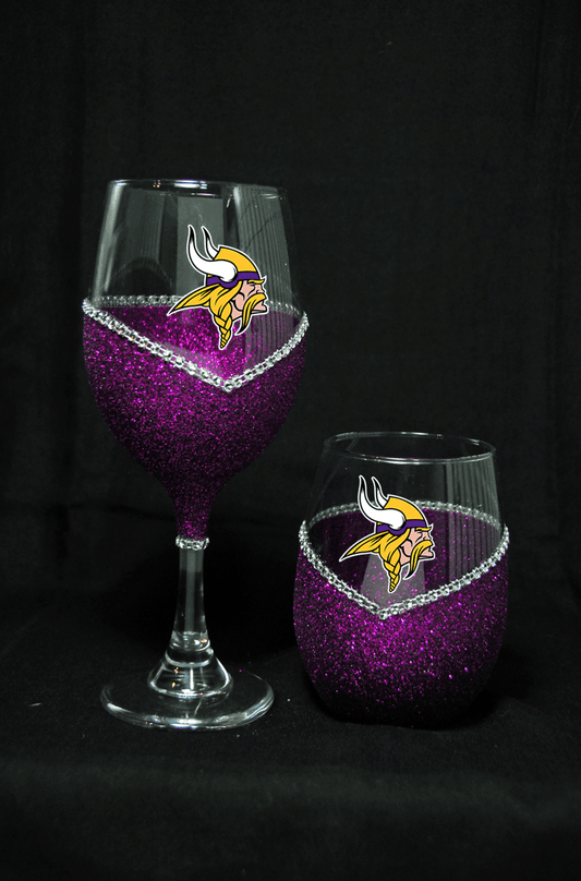 Minnesota Vikings Bling Stem or Stemless Wine Glasses-Choose your color - Winey Bitches - Wine- Women- K9's