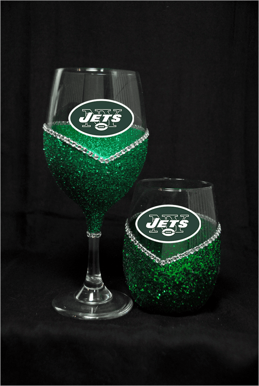 New York Jets Bling Stem or Stemless Wine Glasses-Choose your color - Winey Bitches - Wine- Women- K9's