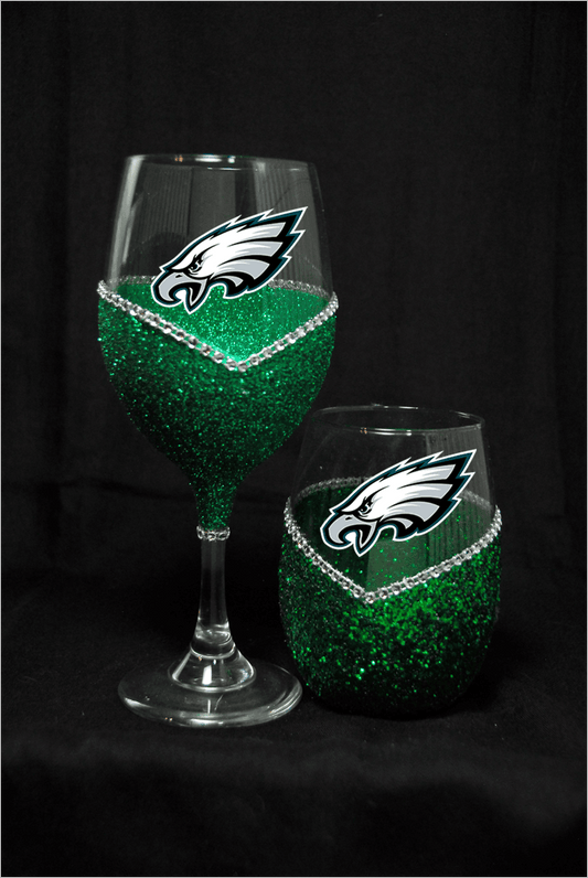 Philadelphia Eagles Bling Stem or Stemless Wine Glasses-Choose your color - Winey Bitches - Wine- Women- K9's