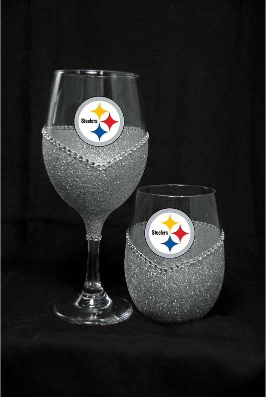 Pittsburg Stealers Bling Stem or Stemless Wine Glasses-Choose your color - Winey Bitches - Wine- Women- K9's