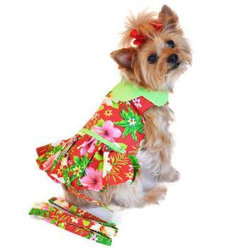 Hawaiian Red Hibiscus Designer Dog Dress with Leash - Winey Bitches - Wine- Women- K9's