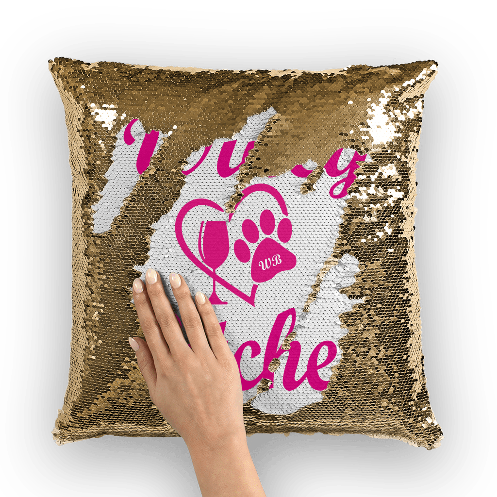 Homeware Gold / White Winey Bitches Wine Paw Heart Collection ﻿Winey Bitches Sequin Cushion Cover WineyBitchesCo