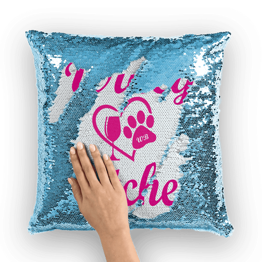 Homeware Light Blue / White Winey Bitches Wine Paw Heart Collection ﻿Winey Bitches Sequin Cushion Cover WineyBitchesCo