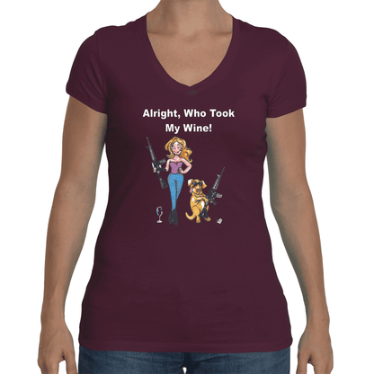 Ladies Soft V-Neck Small / Plum WineyBitches.co Who Took My Wine V Neck Tee WineyBitchesCo