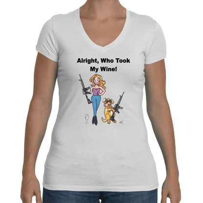 Ladies Soft V-Neck Small / White WineyBitches.co Who Took My Wine V Neck Tee WineyBitchesCo
