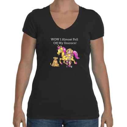 Ladies Soft V Neck T-Shirt Small / Black WineyBitches,co Wow I Almost Fell Off My Unicorn WineyBitches.co Fell Off My Unicorn WineyBitchesCo