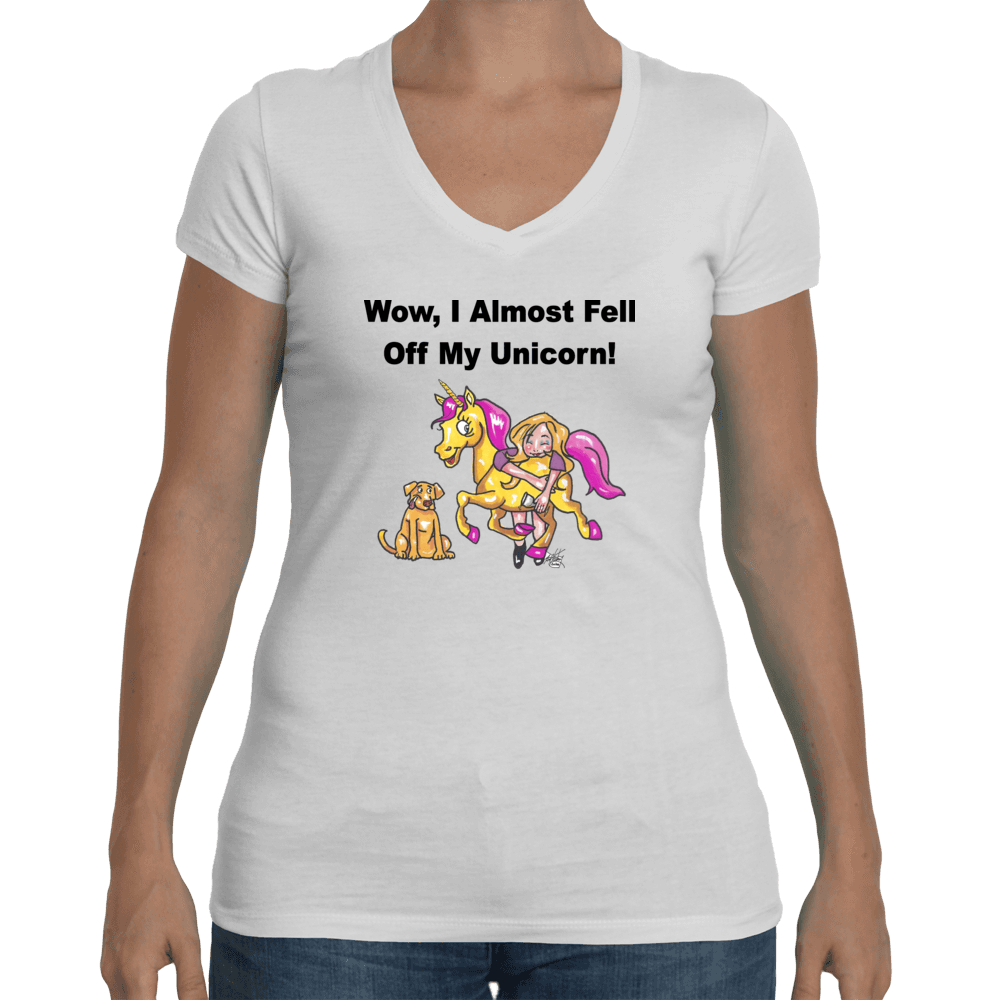 Ladies Soft V Neck T-Shirt Small / Tahiti Blue WineyBitches,co Wow I Almost Fell Off My Unicorn WineyBitches.co Fell Off My Unicorn WineyBitchesCo