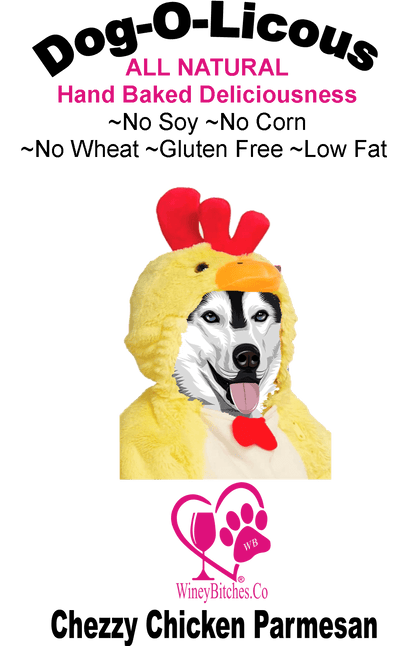 Pet Accessories 1/2 lb Chezzy Chicken Parmesan Winey Bitches Co Glass Treat Jar-with "I'm the Reason Mom Drinks...Treats" WineyBitchesCo