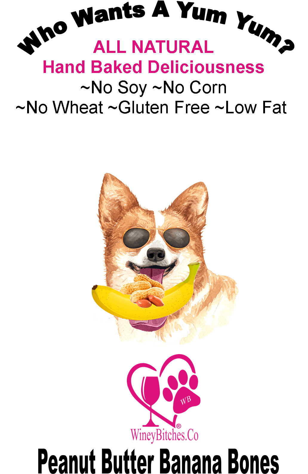 Pet Accessories 1/2 lb Peanut Butter Banana Bones Winey Bitches Co Medium Glass Treat Jar with "My Bitches Bones" WineyBitchesCo