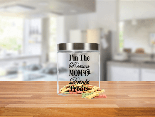 Pet Accessories Winey Bitches Co Medium Glass Treat Jar with "I'm The Reason Mom Drinks...Treats" WineyBitchesCo