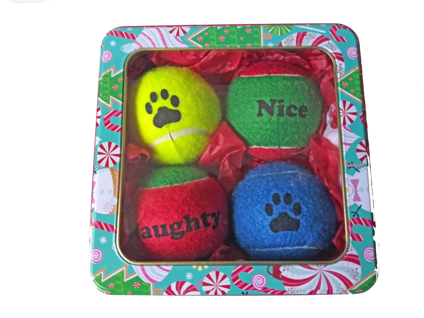 Pet Gifts Winey Bitches Co Naughty, Nice, Paw, Holiday Ball Tin (4pk) WineyBitchesCo
