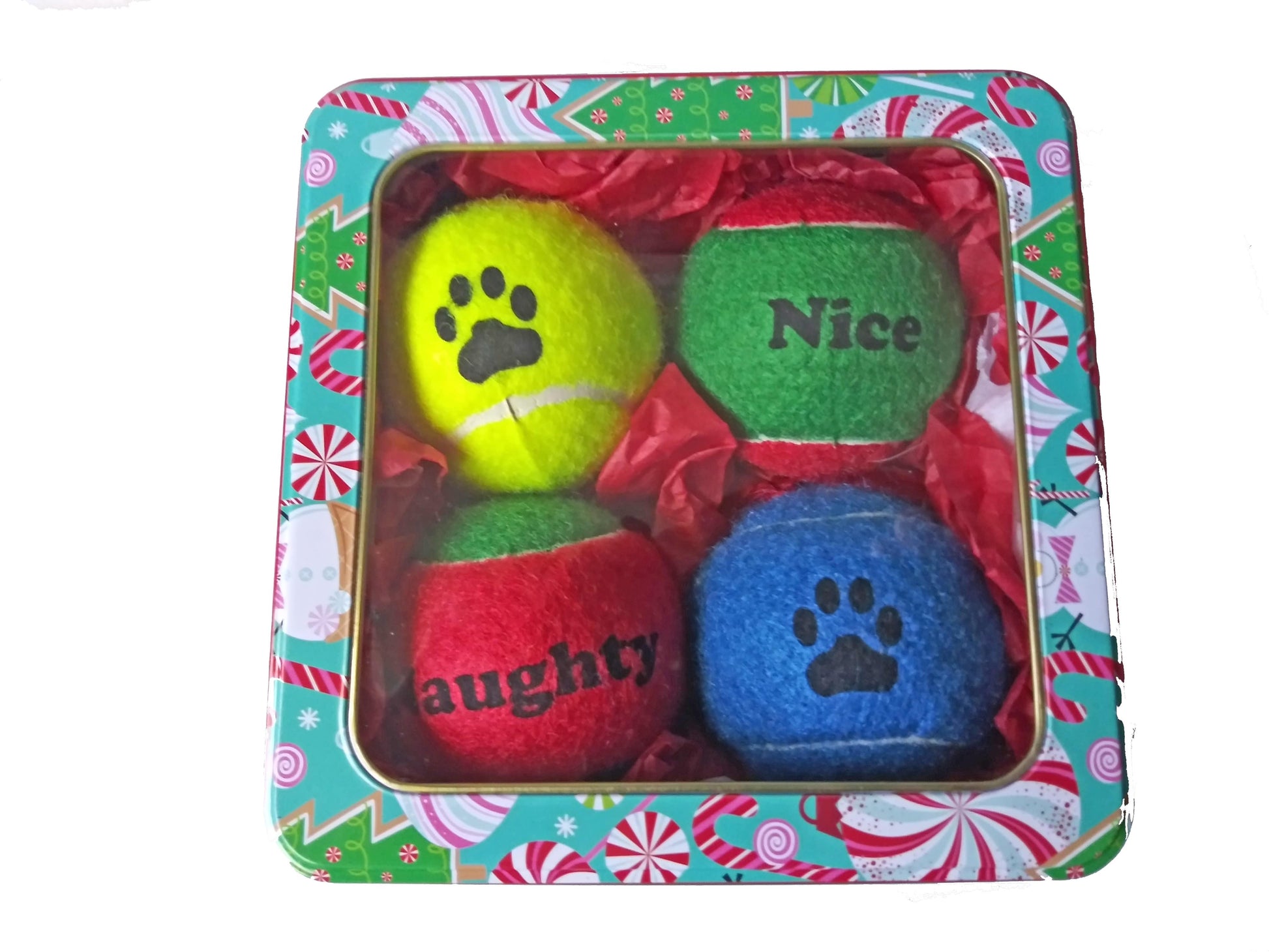Pet Gifts Winey Bitches Co Naughty, Nice, Paw, Holiday Ball Tin (4pk) WineyBitchesCo