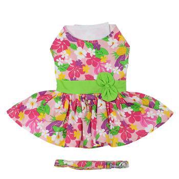 Pink Hawaiian Floral Dog Harness Dress with Matching Leash - Winey Bitches - Wine- Women- K9's