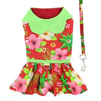 Hawaiian Red Hibiscus Designer Dog Dress with Leash - Winey Bitches - Wine- Women- K9's
