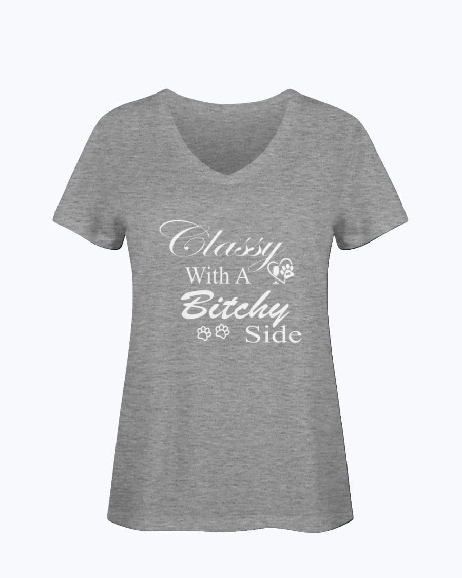 Shirts Athletic Heather / S Winey Bitches Co "Classy with a Bitchy Side" White Letters Ladies HD V Neck T WineyBitchesCo