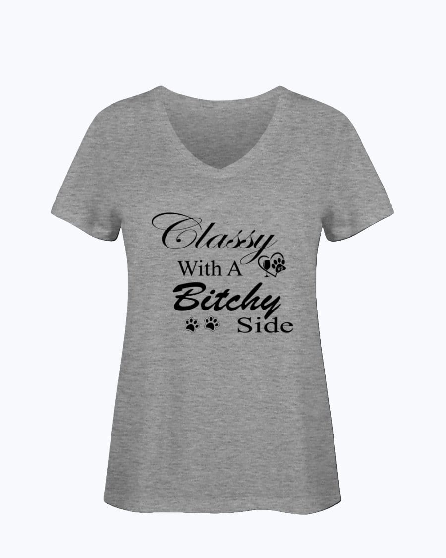 Shirts Athletic Heather / S Winey Bitches Co "Classy with a Bitchy Side" White Letters Ladies HD V Neck T WineyBitchesCo