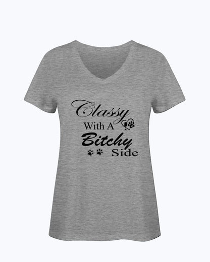 Shirts Athletic Heather / S Winey Bitches Co "Classy with a Bitchy Side" White Letters Ladies HD V Neck T WineyBitchesCo
