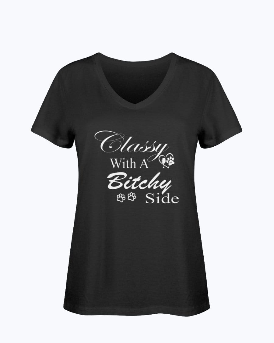Shirts Black / S Winey Bitches Co "Classy with a Bitchy Side" White Letters Ladies HD V Neck T WineyBitchesCo