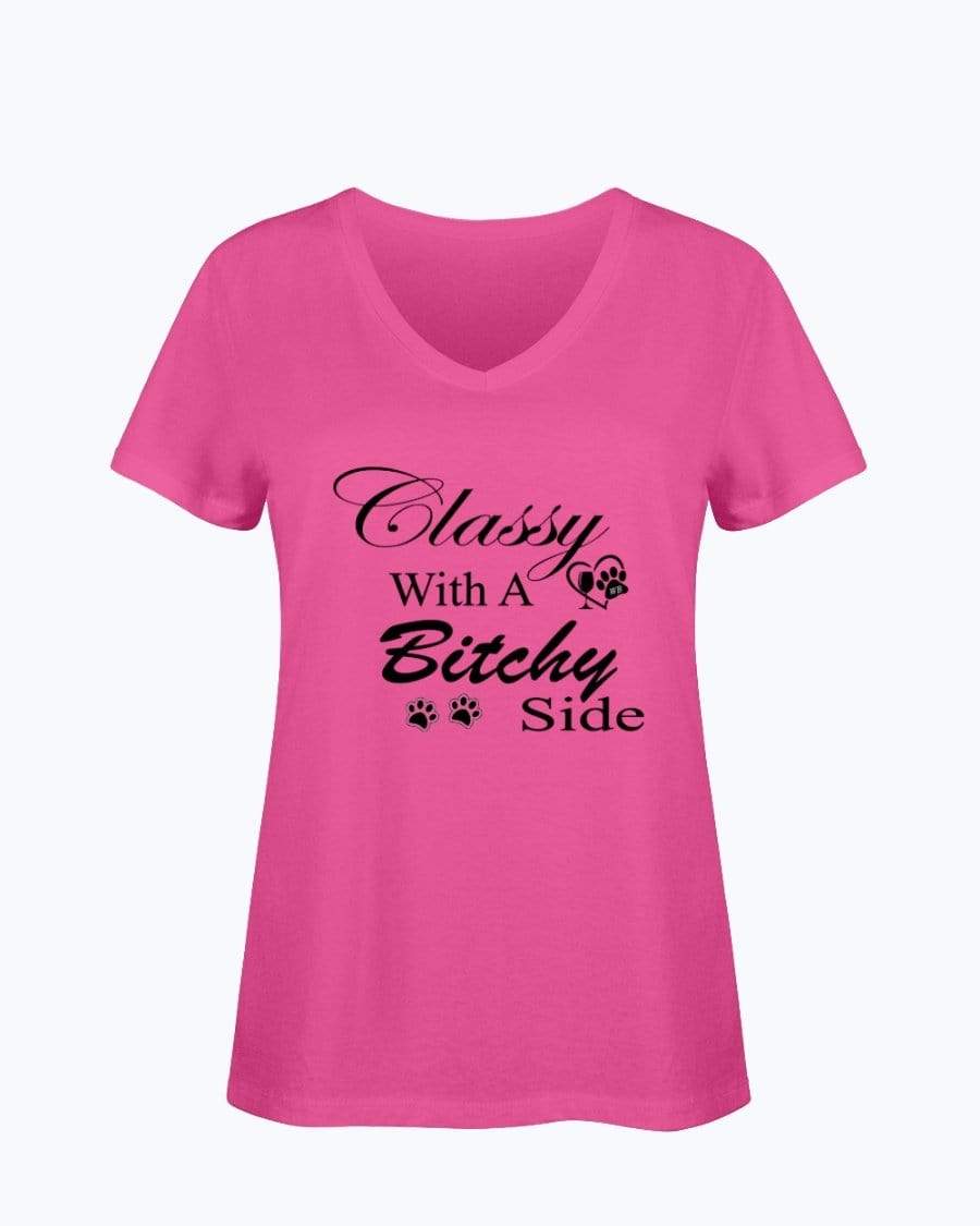 Shirts Cyber Pink / S Winey Bitches Co "Classy with a Bitchy Side" White Letters Ladies HD V Neck T WineyBitchesCo