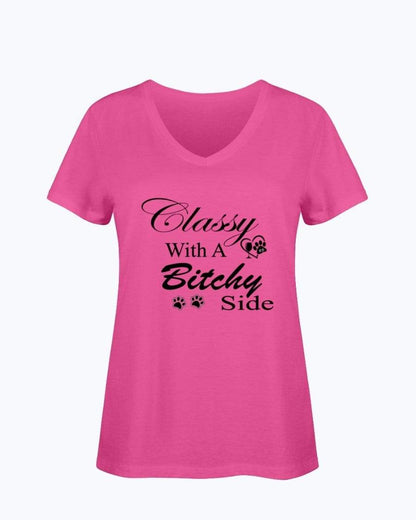 Shirts Cyber Pink / S Winey Bitches Co "Classy with a Bitchy Side" White Letters Ladies HD V Neck T WineyBitchesCo