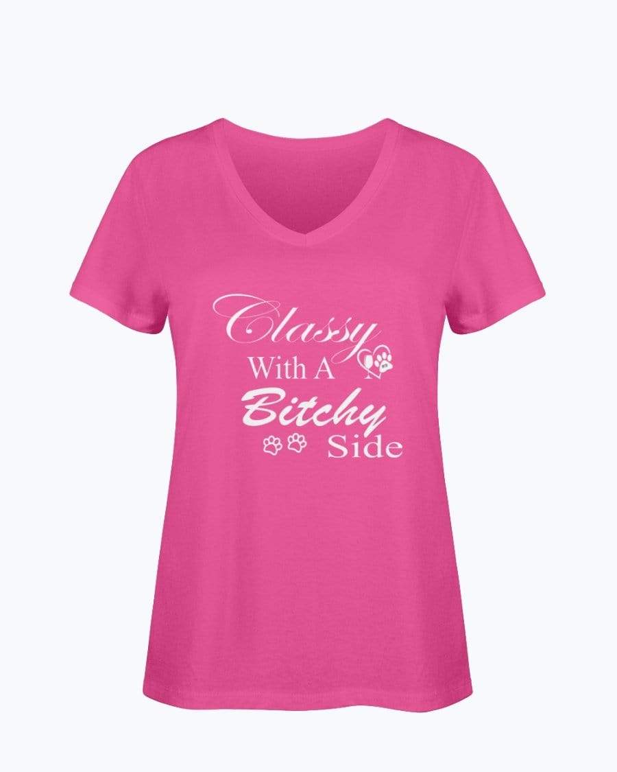 Shirts Cyber Pink / S Winey Bitches Co "Classy with a Bitchy Side" White Letters Ladies HD V Neck T WineyBitchesCo
