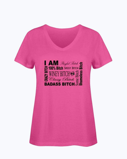 Shirts Cyber Pink / S Winey Bitches Co "I Am Bitch"-Black Letters- Ladies HD V Neck T WineyBitchesCo