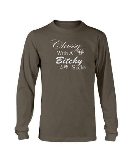 Shirts Dark Chocolate / S Winey Bitches Co "Classy with a Bitchy Side" White Letters Long Sleeve T-Shirt WineyBitchesCo