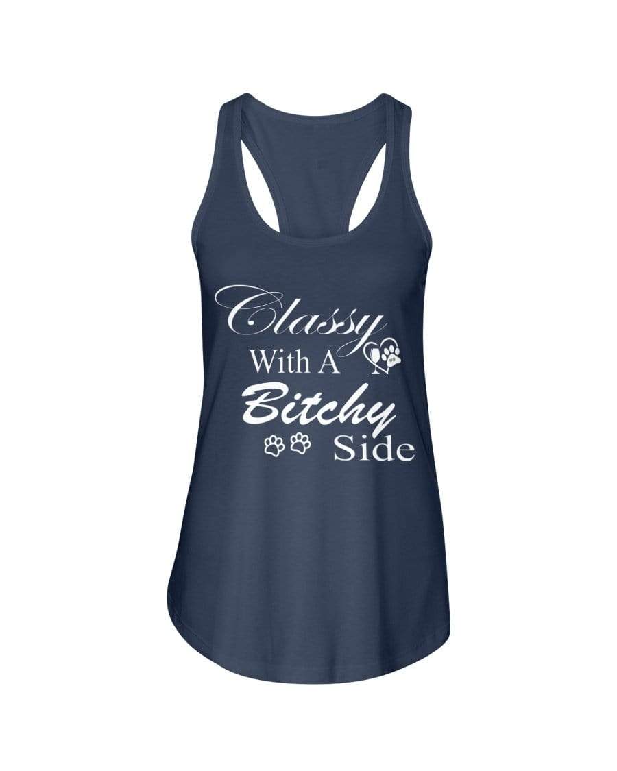 Shirts Indigo / XS Winey Bitches Co "Classy with a Bitchy Side" White Letters Ladies Racerback Tank WineyBitchesCo