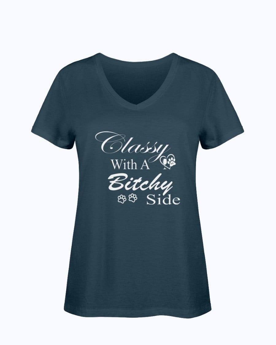 Shirts J Navy / S Winey Bitches Co "Classy with a Bitchy Side" White Letters Ladies HD V Neck T WineyBitchesCo