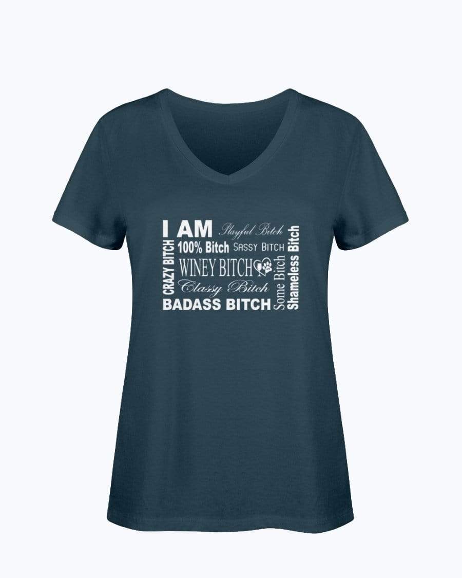 Shirts J Navy / S Winey Bitches Co "I Am Bitch-White Letters" Ladies HD V Neck T WineyBitchesCo