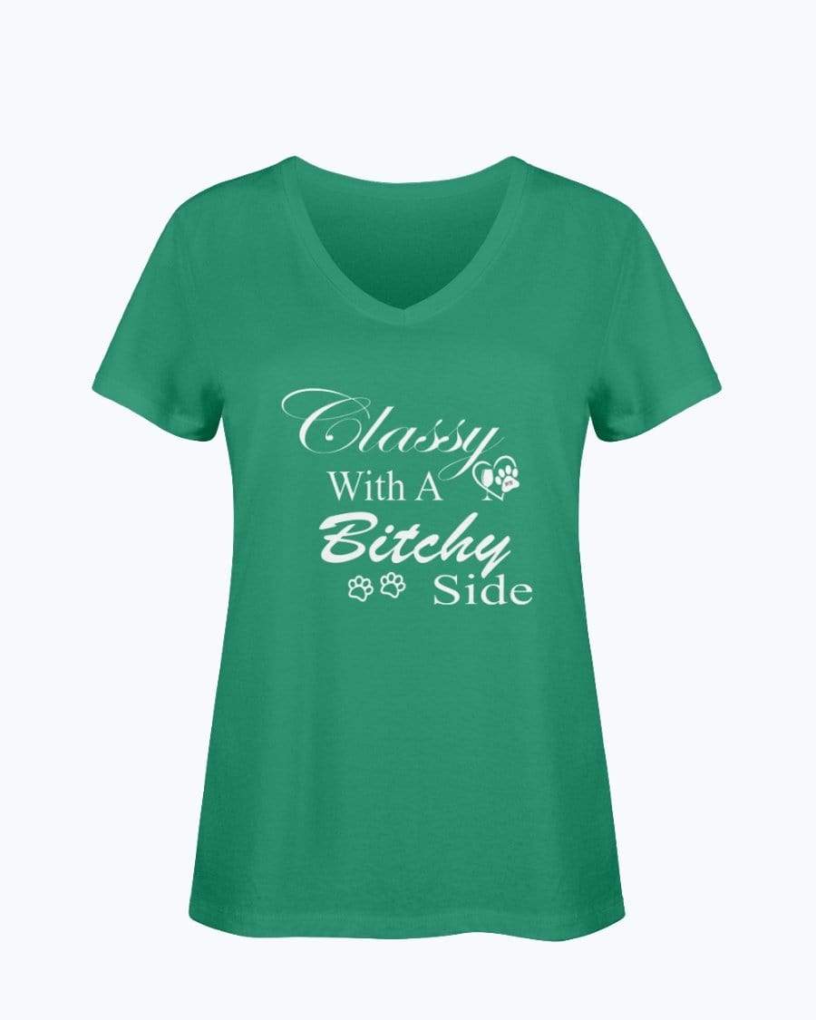 Shirts Kelly / S Winey Bitches Co "Classy with a Bitchy Side" White Letters Ladies HD V Neck T WineyBitchesCo
