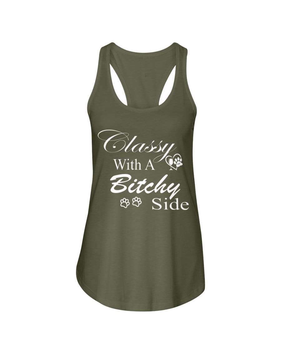 Shirts Military Green / XS Winey Bitches Co "Classy with a Bitchy Side" White Letters Ladies Racerback Tank WineyBitchesCo