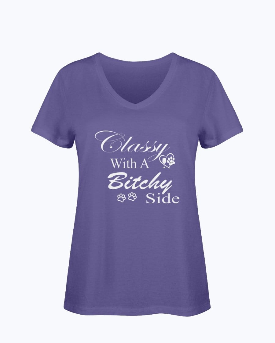 Shirts Purple / S Winey Bitches Co "Classy with a Bitchy Side" White Letters Ladies HD V Neck T WineyBitchesCo