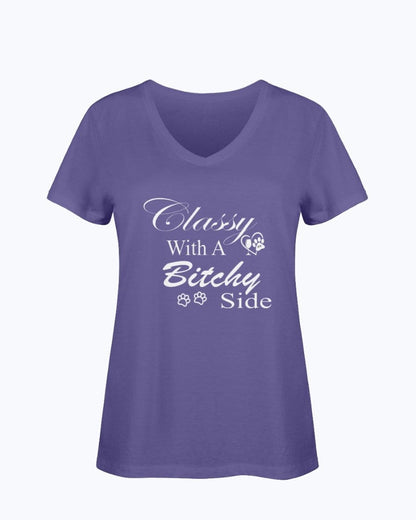 Shirts Purple / S Winey Bitches Co "Classy with a Bitchy Side" White Letters Ladies HD V Neck T WineyBitchesCo