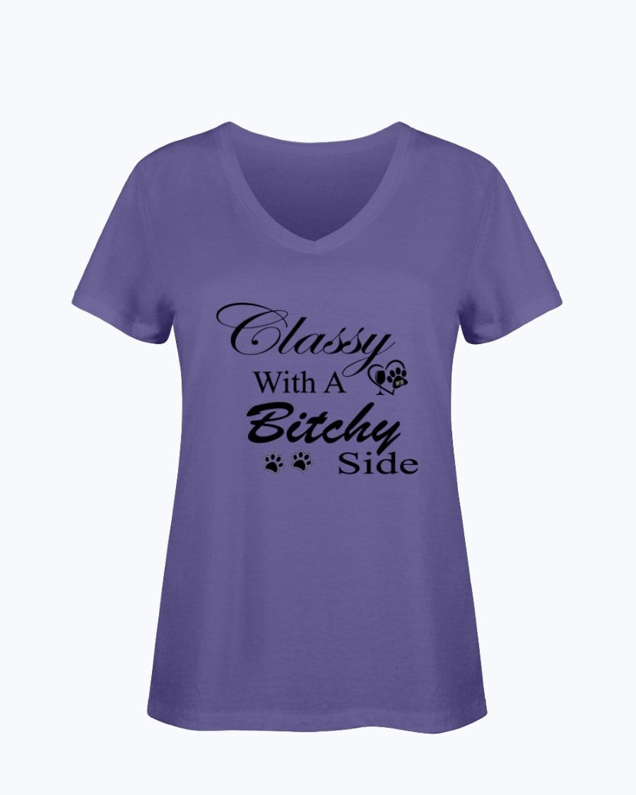 Shirts Purple / S Winey Bitches Co "Classy with a Bitchy Side" White Letters Ladies HD V Neck T WineyBitchesCo