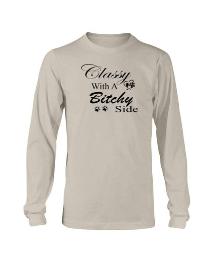Shirts Sand / S Winey Bitches Co "Classy with a Bitchy Side" White Letters Long Sleeve T-Shirt WineyBitchesCo