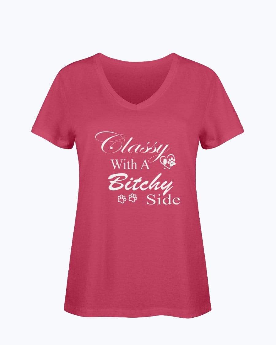 Shirts True Red / S Winey Bitches Co "Classy with a Bitchy Side" White Letters Ladies HD V Neck T WineyBitchesCo
