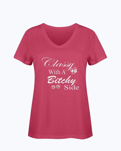 Shirts True Red / S Winey Bitches Co "Classy with a Bitchy Side" White Letters Ladies HD V Neck T WineyBitchesCo