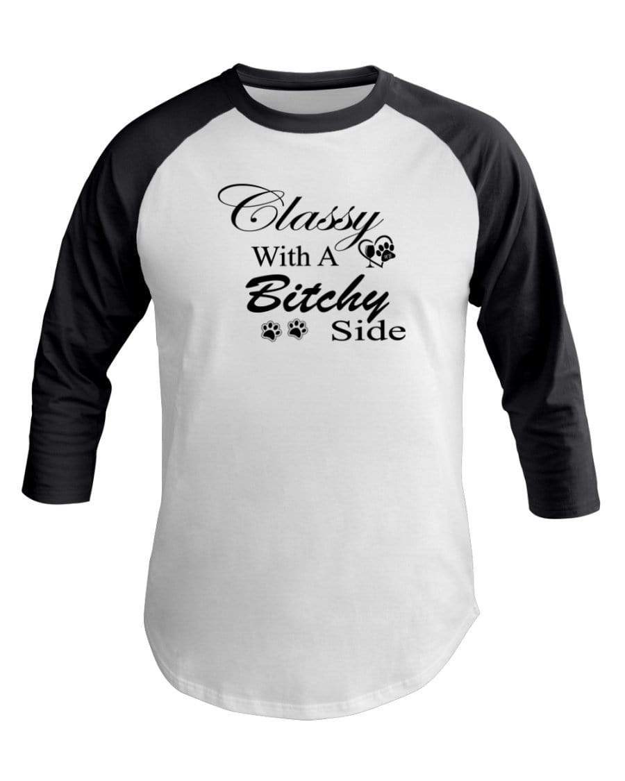 Shirts White/Asphalt / XS Winey Bitches Co "Classy with a Bitchy Side" White Letters 3/4 Sleeve Raglan Shirt WineyBitchesCo