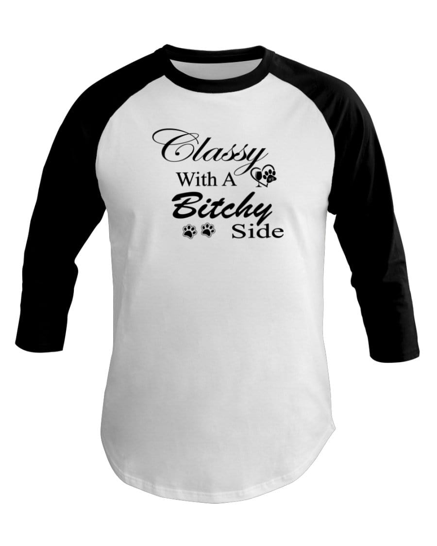 Shirts White/Black / XS Winey Bitches Co "Classy with a Bitchy Side" White Letters 3/4 Sleeve Raglan Shirt WineyBitchesCo