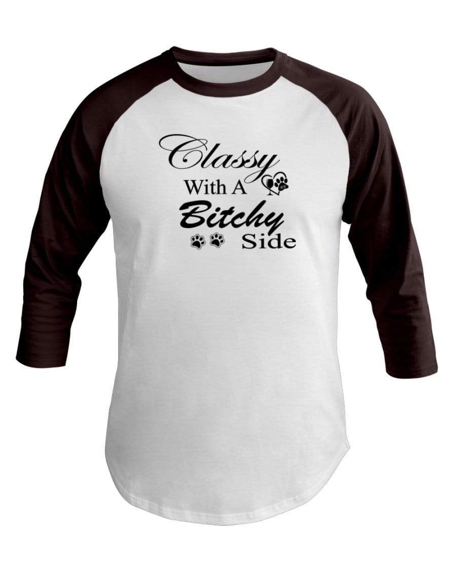 Shirts White/Brown / XS Winey Bitches Co "Classy with a Bitchy Side" White Letters 3/4 Sleeve Raglan Shirt WineyBitchesCo