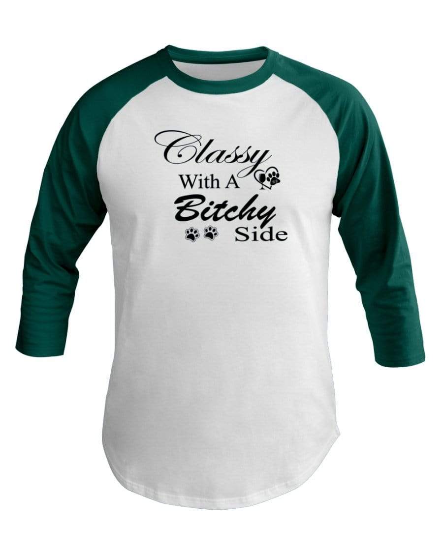 Shirts White/Evergreen / XS Winey Bitches Co "Classy with a Bitchy Side" White Letters 3/4 Sleeve Raglan Shirt WineyBitchesCo