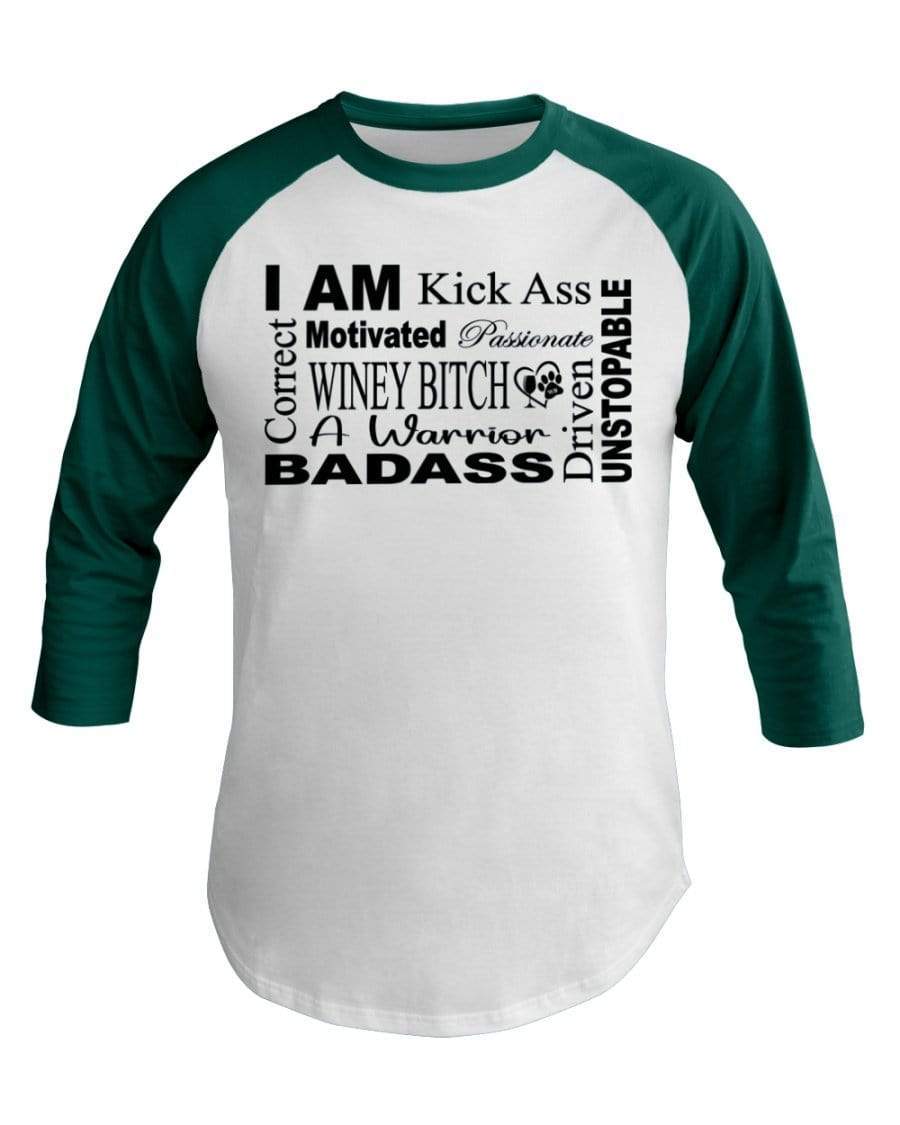 Shirts White/Evergreen / XS Winey Bitches Co "I Am Motivated" Black Lettering-3/4 Sleeve Raglan Shirt WineyBitchesCo