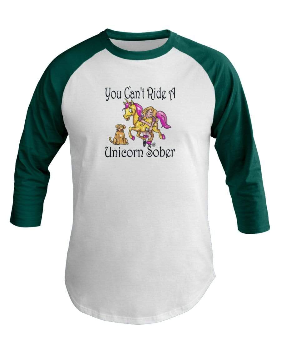 Shirts White/Evergreen / XS Winey Bitches Co "You Can't Ride A Unicorn Sober" 3/4 Sleeve Raglan Shirt WineyBitchesCo